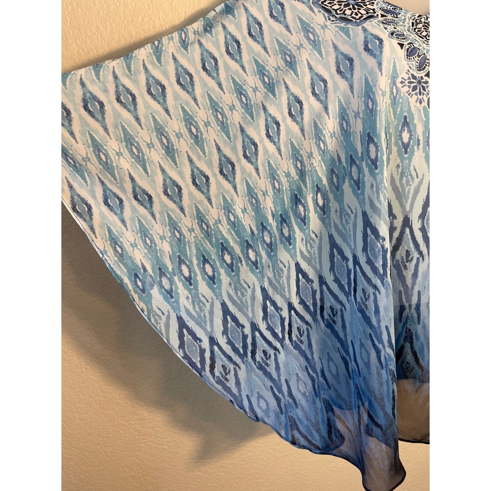 Susan Graver Womens Small Poncho Tunic Blue Ikat Medallion Chiffon V Neck Top